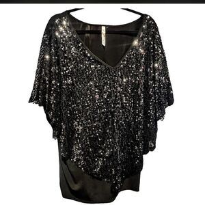 NY Collection Black Sequin Flutter Sleeve Blouse Size 2X